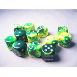 Chessex Dice d6 Sets: Gemini Green & Yellow with Silver - 16mm Six Sided Die (12) Block of Dice