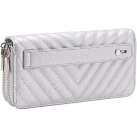 B BRENTANO Vegan Leather Double Zipper Pocket Wallet with Grip Hand Strap, Chevron Embroidered Silver, Wallet With Hand Grip