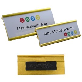 Pack of 10 Aluminium Name Plates, Gold-Coloured Anodised Metal, Size 65 x 22 mm or 72 x 32 mm, with Magnetic Attachment, Name Badge, Name Plate for Clothes, Self-Writing, Self-Design Name Tags with
