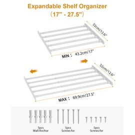 FIRJOY Expandable Wall-Mounted Closet Shelf Organizer, Adjustable Storage Rack, Heavy Duty (White, 17" - 27.5")