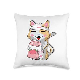 Strawberry Milk, Cat Lovers, Kawaii, Anime Cat Anime, Japanese Cute Kawaii Strawberry Milk Throw Pillow, 16x16, Multicolor
