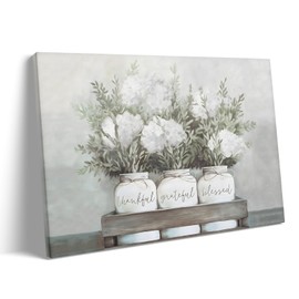 Vintage Floral Canvas Wall Art Decor - 11X14 inch White Flower Jar Framed Painting, Flower Picture on Canvas, Rustic Farmhouse Floral Still Life for Living Room or Kitchen Wall Decor