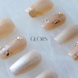 [GLORS] Purly Handmade Medium Ballerina Press on Nails | Nude ombre Cat Eye Fake False Nails with Gold Floral Glitter | Salon Quality Ballerina Nail, 10 pieces (XS, MB)