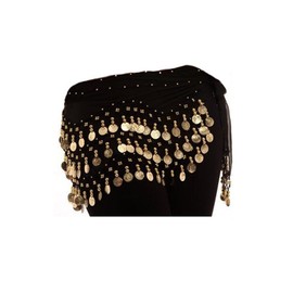 Black Belly Dance Wrap Hip Scarf Belt With Gold Coins