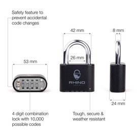 Rhino Lock Secure Lock - Black 4 Digit Combination Padlock for Gym, School & Work Lockers; Coded and Suitable for Outdoor Use with Fences, Hasps, Sheds & Toolboxes (UK Brand)