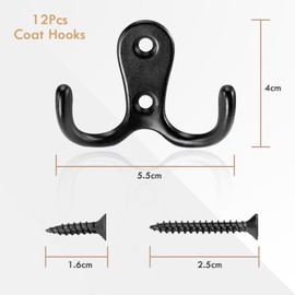 Gorffy Door Hooks 12PCS, Retro Black Double Heavy Duty Metal Coat Hook with 48 Screws for Hanging, Robe, Towel, Coat, Bag & Hat (Black, 12PCS)