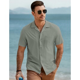JMIERR Mens Linen Shirts Casual Short Sleeve Button Down Shirts Wrinkle Free Vacation Beach Summer Tops, L, Grey