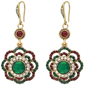 Suyi Bohemian Sunflower Dangle Earrings National Rhinestone Drop Earrings Vintage Gemastone Earrings Jewelry Green Red