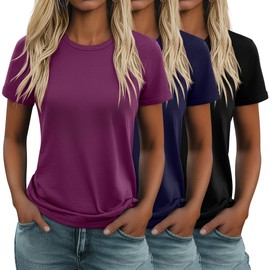 Huukeay 3 Pack Women's Cotton T Shirts Casual Short Sleeve Tunic Tops Crewneck Summer Plain Basic Loose Fit Tee(Black, Fuchsia, Navy Blue,Large)