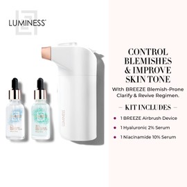LUMINESS Blemish Prone Airbrush Skincare, Clarify & Revive - Includes Breeze Airbrush Device, Hyaluronic 2%, & Niacinamide 10% Facial Serums - Restore Skins Moisture and Targets Blemishes & Pores