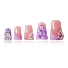 SEENEEY Duck Press on Nails Short Fake Nails Purple French Artificial Nail 3D Floral Designs Cute Stick on Nail for Women 24pcs