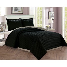 Elegant Comfort Luxury 3-Piece Bedspread Coverlet Diamond Design Quilted Set with Shams - All Season Heavy Weight - Wrinkle & Fade Resistant- King/California King, Black/Gray