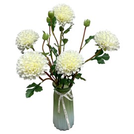 ATFL Artificial Silk Flowers Dahlia 24'in Fake Long Stem Flower,5 Pcs White Dahlia Artificial Flowers Suitable for Wedding Decoration Bouquets,Core Decorations,Home Furnishings (5, White)