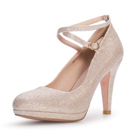 IDIFU Women's Tracy Platform High Heels Closed Toe Pumps Strappy Cross Ankle Strap Shoes for Casual Work Wedding (8 M US, Gold Glitter)