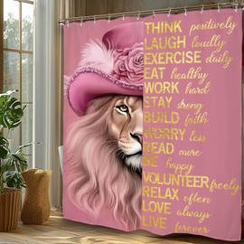 Miyotaa Pink Lion Motivational Quotes Shower Curtain Set 60Wx71H Inches Woman Fashion Inspirational Positive Wildlife Animal Cool Polyester Waterproof Cloth Bathroom Curtain with 12 Hooks