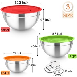 TeamFar Mixing Bowls, Stainless Steel Nesting Salad Bowls with Lids Set & 3 Grater Attachments, For Mixing/Serving/Storing, Non-toxic & Long-lasting, Size 4.6/3 / 1.5 QT, Colorful