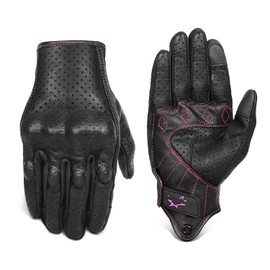 Women ’s Goatskin Leather Motorcycle Gloves Touchscreen Hard Knuckle Armored Motorbike Gloves for Ladies(G01W-Black Leather with Rose Line, S)