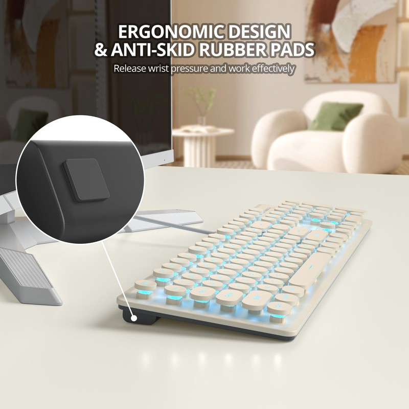 iRoboosta Quiet Keyboard Wired Membrane Keyboard Aesthetic, Full Size 104