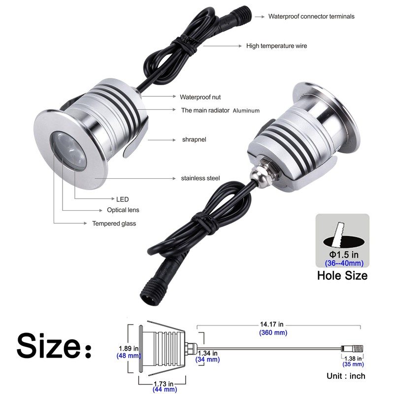 LED Underwater Pool Lights, 3W 12V-24V DC, IP68 Waterproof, Stainless