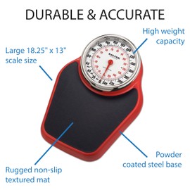 Salter Pro-Helix Professional Oversized Bathroom Scale with Black/Red Powder-Coated Steel Coated Base, Anti-Slip Bath Mat, 400 LB Capacity, Analog Scale, 18.25 x 13.0 Inch, Black/Red