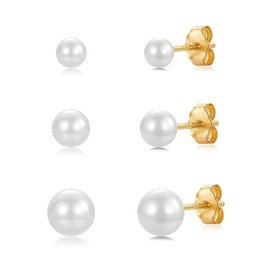 wynn's Gold Stud Earrings for Women, 3 Pairs 925 Sterling Silver Pearl Stud Earrings Set, Hypoallergenic Gold Earrings Small Sleeper Cartilage Studs for Girls, Silver Pearl Earring, 4mm/5mm/6mm