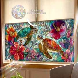 HOMETITUTE Sea Turtle Tropical Flower Window Cling 39.3x17.7 Inch PVC