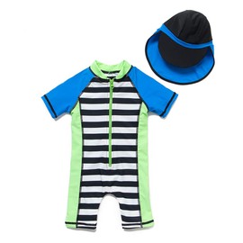 upandfast Kids One Piece Zip Sunsuit with Sun Hat UPF 50+ Sun Protection Baby Beach Swimsuit (Stripe2, 3-6 Months)