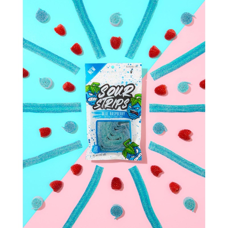 Sour Strips Sour Candy Belts, Blue Raspberry, Resealable Candy Bags,