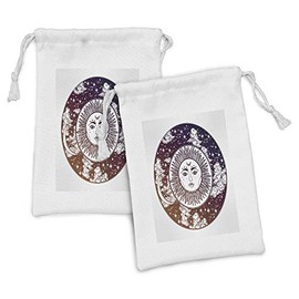 Lunarable Sun and Moon Fabric Pouch Set of 2, Hand-Drawn Boho Pattern with Fantasy Cloudy Sky Themed Mandala, Small Drawstring Bag for Toiletries Masks and Favors, 9" x 6", Brown Dark Purple White