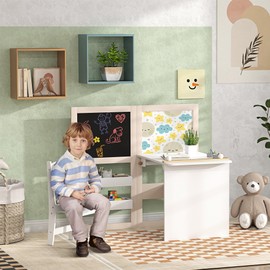 Qaba Kids Table and Chair Set, 3 in 1 Kids Art Table and Chair Set with Storage Shelves, Foldable Blackboard, Whiteboard & Roll Paper, Toddler Table and Chair Set for 3-8 Years, White