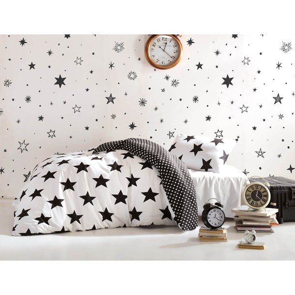Stars Bedding Set, Single/Twin Size Quilt/Duvet Cover Set with Fitted Sheets, Black and White Girls Boys Bed Set, Reversible (5 Pcs)