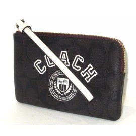 Coach CB855 New Corner Zip Wristlet Brown Signature Canvas Varsity Motif NWT $88