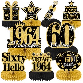 Luvart 60th Birthday Decorations-9pcs 60th Birthday Decorations for Men Black and Gold Table Decorations for Birthday Party Men Women Honeycomb Decs Vintage 60th Birthday Table Decorations
