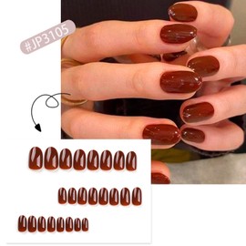 Solid Color Press on Nails round headed Short fake nails dark red nails wine red nailsred cherry nails glazed crystal nails acrylic artificial nails glossy women girl nail salon set of 24 pcs