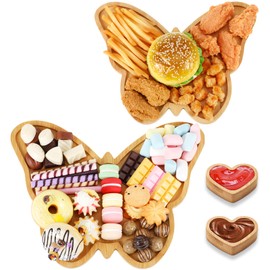 Rtteri 4 Pcs Butterfly Charcuterie Board, Wooden Food Serving Platter Trays with 2 Heart Shaped Dipping Saucers Vegetables Fruits Cookies Dish for Baby Baptism Wedding Birthday Party Decoration