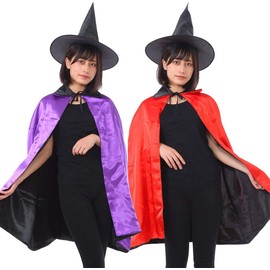 Cosplay/Costume, Banquet, Halloween, Women's Cosplay, Costume, Adult Cosplay Costume, For Adults, Kids Cosplay, Cloak, Witch, Reversible, Red, Purple, Black, Kids Magician, Color Cape, Cape with Hat
