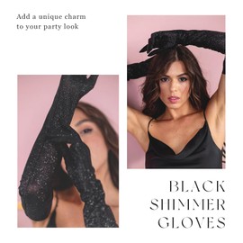 YAEISM Glitter Black Mesh Gloves Shimmer Sheer Gloves Long Tulle Opera Gloves Sparkly Vintage Tea Party Gloves for Women Bachelorette Party Fancy Costumes Bridal Accessories