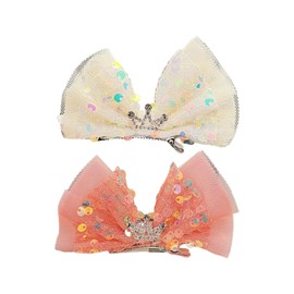 Sequin Bow Crown Alligator Hair Clips for Baby Girls - 2Pcs Pink White Hair Bows Metal Side Hair Barrette Princess Headband Mini Birthday Crown Headdress Hair Styling Accessories for Girls Kids Gifts