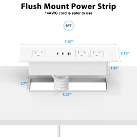 Furniture Drawer Outlet, Recessed Power Strip with (3) PD 20W USB Ports Fast Charging & (3) 15 Amp AC Outlets, (14 AWG) 10 FT White Spring Cord