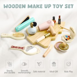 Fake Makeup Wooden Makeup Toy Set Wooden Toddler Makeup Kit Pretend Makeup Kit for Girls Kids Makeup for 3-9 Age 12 PCS Girl Birthday Gift (Makeup Set-1)