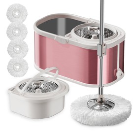 SWIFTIRON Spin Mop and Bucket with Wringer Set for Home,360° Mop and Bucket with Separate Clean and Dirty Water,Wet Dust Mop for Floor Cleaning with Extra Refills (Pink)