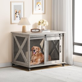 IDEALHOUSE 37'' Dog Crate Furniture Side End Table with Flip Top and Movable Divider, Furniture Style Dog Crate with Wheels,Wooden Dog Crate Table Large, Furniture Style Dog Kennel Side End Table