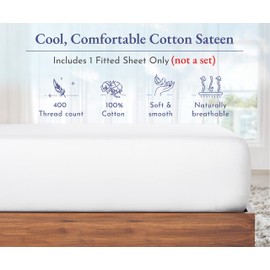 California Design Den Luxury 100% Cotton Fitted Sheet Queen Size, Softest 400 Thread Count Sateen, No-Pop Off Elastic, Deep Pocket (Bright White)