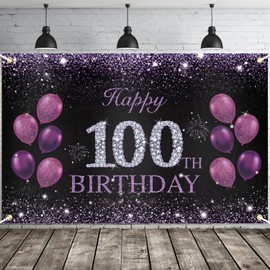 JOYKY Happy 100th Birthday Banner - Purple Party Decorations for Women, 100 Year Old Supplies Backdrop Decor, 5.9 X 3.8 Fts