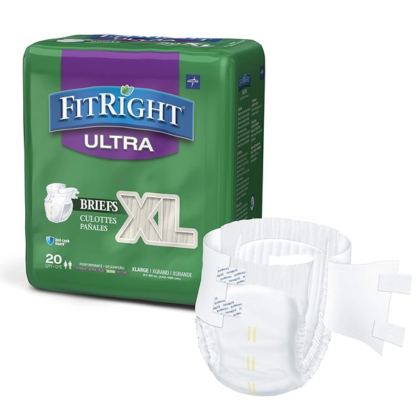 FitRight Ultra Adult Diapers, Disposable Incontinence Briefs with Tabs, Heavy Absorbency, X-Large, 57"-66", 4 packs of 20 (80 total)