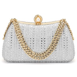 SUIKIHUM Rhinestone Glitter Clutch Purse for Women, Sequin Evening Bag with Pearl, Sparkly Wedding Handbag for Bride Party Formal, Silver