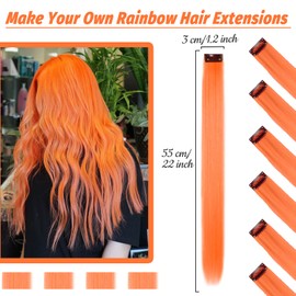 16Pcs Colored Clip in Hair Extensions, 22 Inch Colorful Highlights Hairpieces Straight & Long Heat-Resistant Synthetic Hair Accessories for Kid Girls Women Party Hair Decor (16Pcs-Orange)