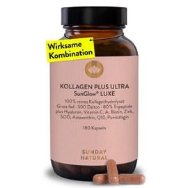 SUNDAY NATURAL Collagen Capsules Plus Ultra SunGlow Luxe - 180 Capsules - Premium Collagen Powder with Vitamin C, Astaxanthin, Q10 & Hyaluronic - Made from Collagen Type 1 & 3 - Laboratory Tested