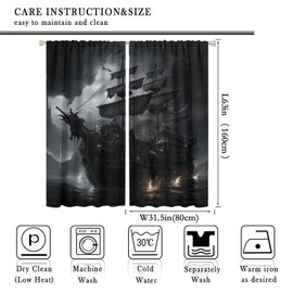 YungHo Pirate Ship Curtain, Fantasy Ocean Vintage Pirate Ship Ocean Themed Gothic Fantasy Black Grey Print Window Treatments for Living Room, Bedroom, Nursery, Children's Room 21" W x 45" L x2【Decor】