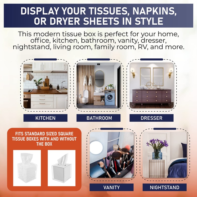Acrylic Tissue Box Holder, Square Clear Tissue Box Dispenser for